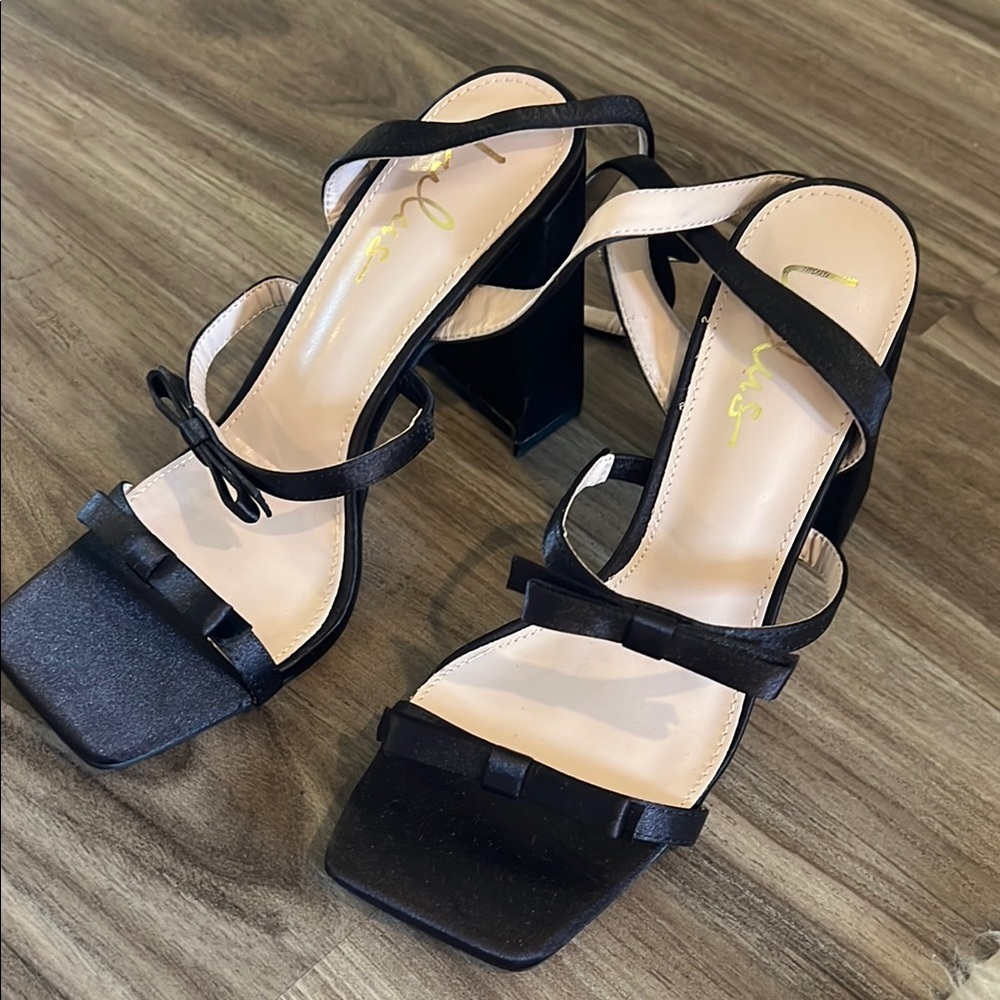 Lulu’s Pendrie Black Satin Bow Ankle Strap High Heel Sandals
